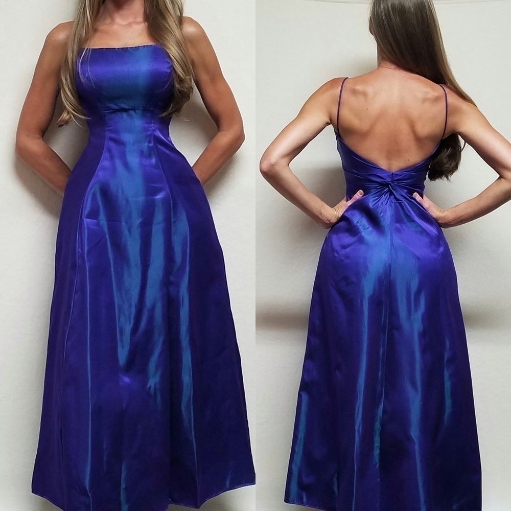 VINTAGE Niki Livas Purple Blue Iridescent Twist Back Backless Tulle Maxi Dress 4